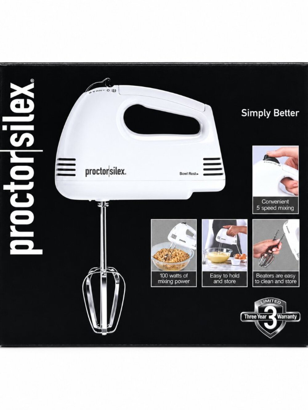 Proctor Silex 62509PS 5 Speed Hand Mixer 100W White Bowl Rest Chrome Beaters NIB